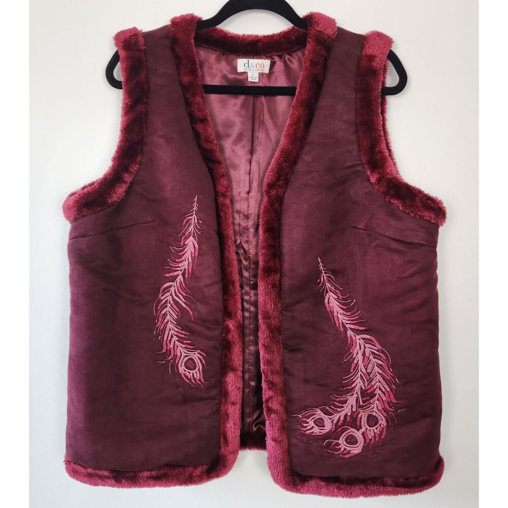 D & Co Burgundy Faux Suede Vest With Pink Embroidery And Faux Fur Trim, Lg